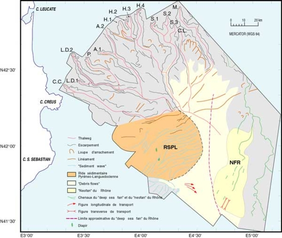 Figure 2: principales unités morpho-sédimentaires sur la pente et le glacis du Golfe du Lion occidental